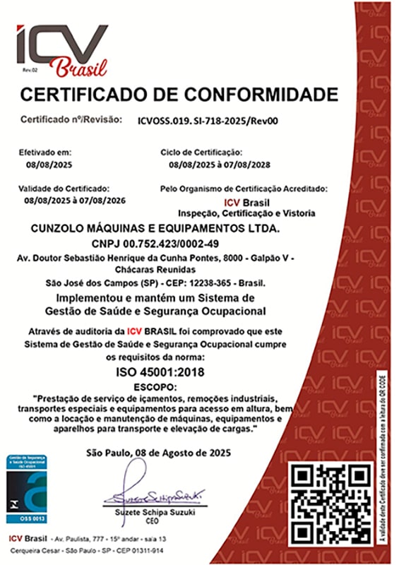 Certificado Cunzolo ICV Brasil ISO 45001